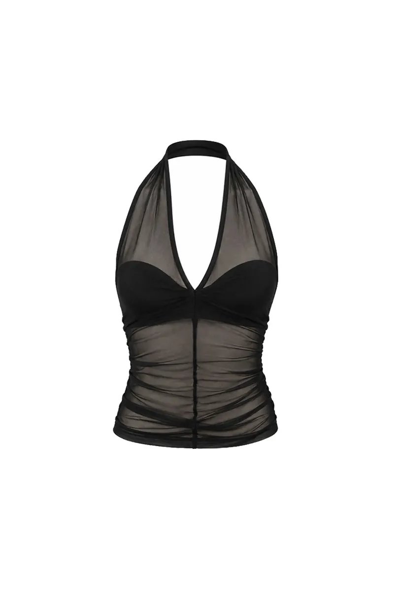 Doe: Molly Sheer Mesh Splice Halter Tank