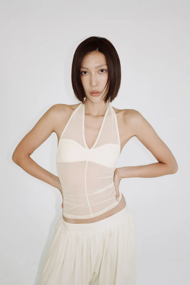 Doe: Molly Sheer Mesh Splice Halter Tank
