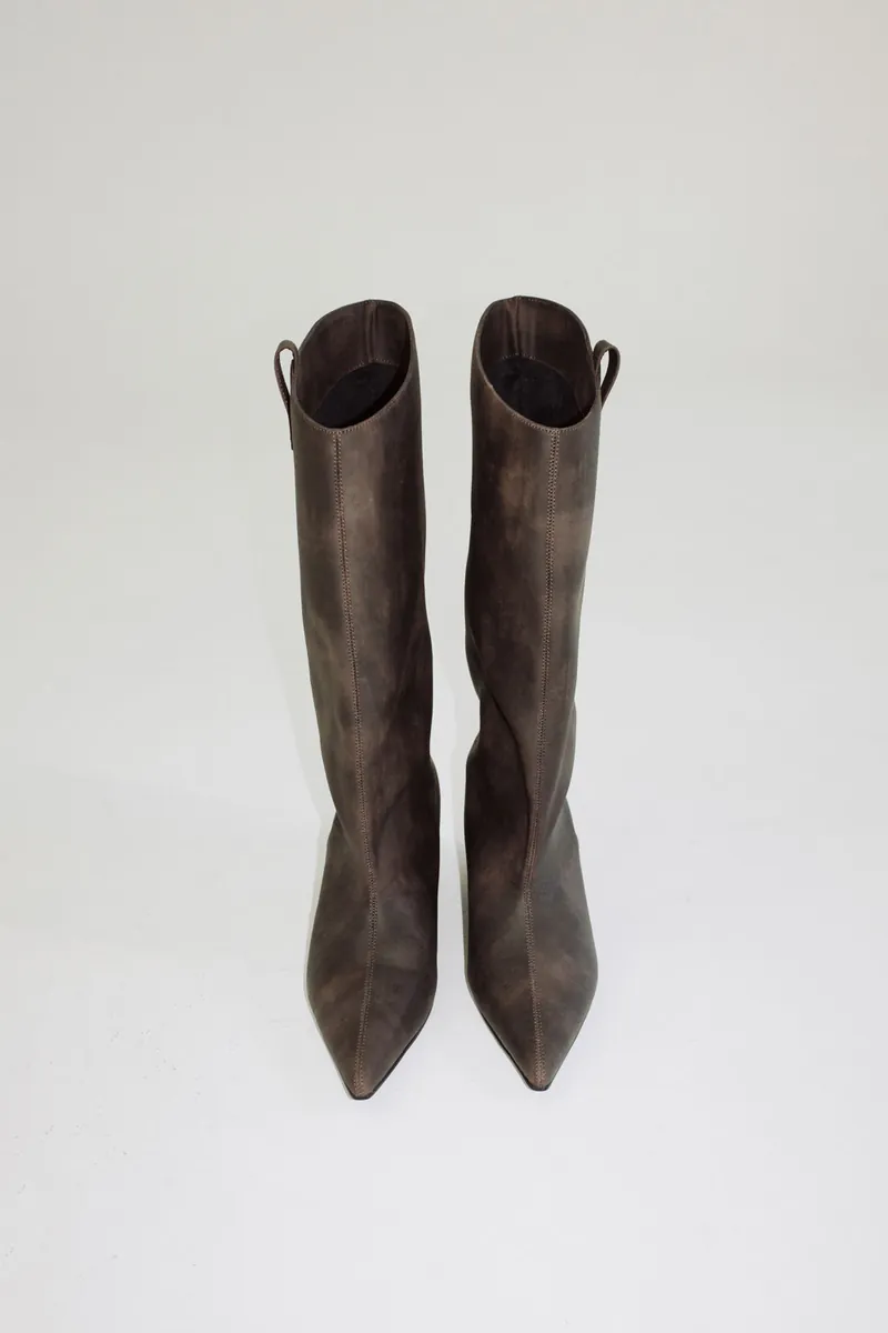 Doe: Molly Distressed Leather Pointed Wide-Shaft Knee Boots