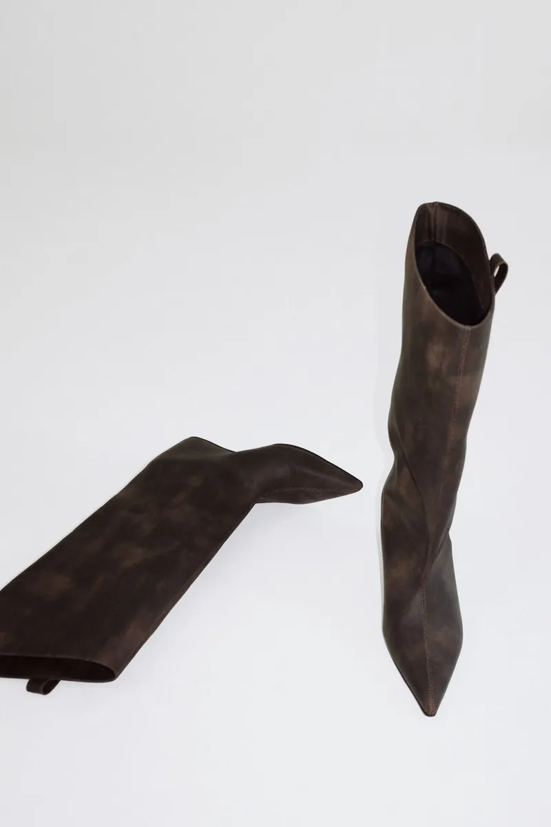 Doe: Molly Distressed Leather Pointed Wide-Shaft Knee Boots