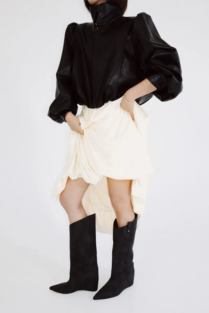 Doe: Molly Distressed Leather Pointed Wide-Shaft Knee Boots