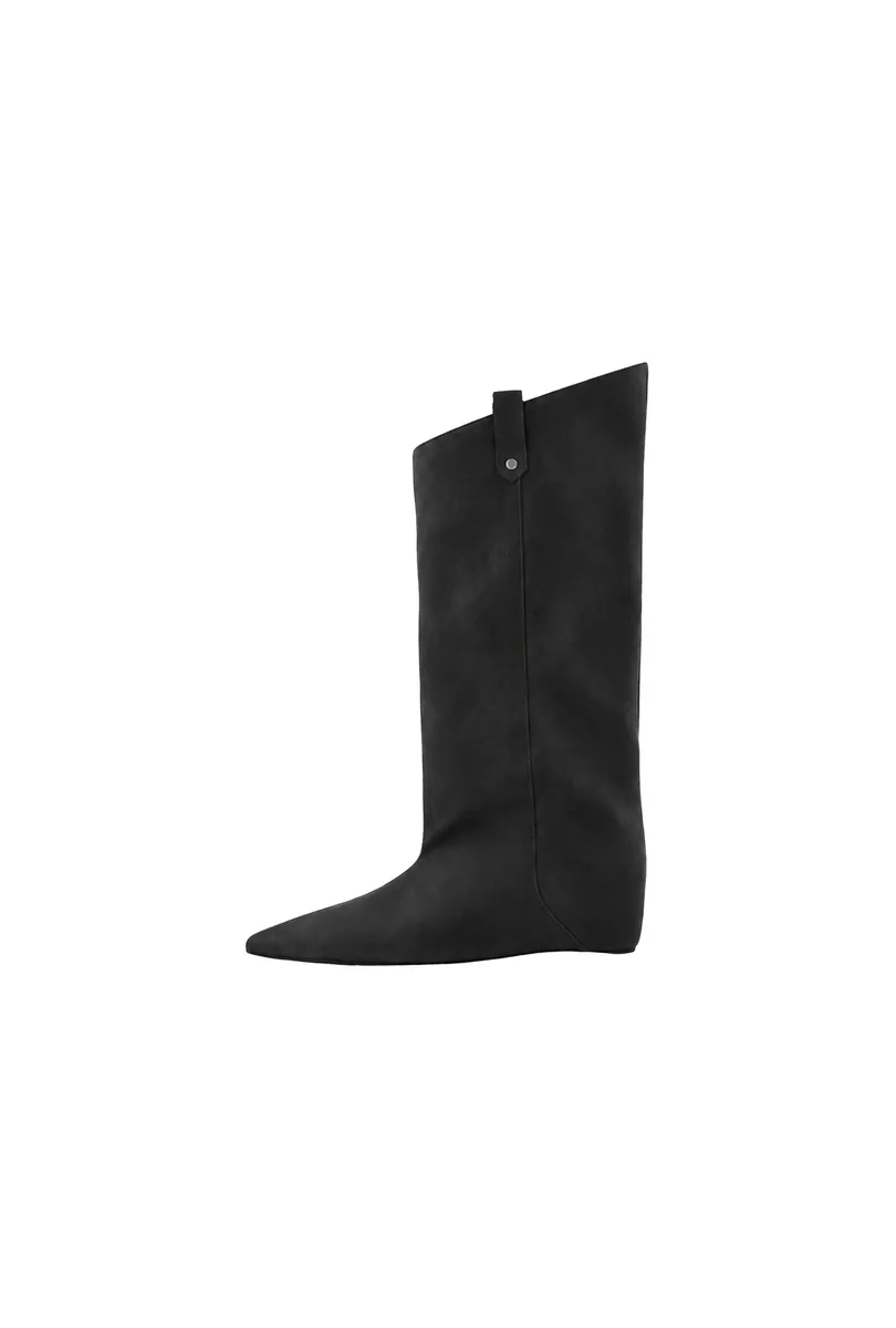 Doe: Molly Distressed Leather Pointed Wide-Shaft Knee Boots