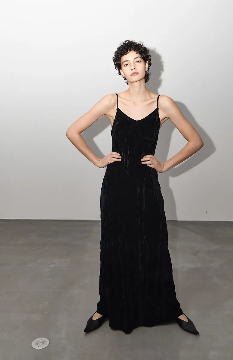 絨面抽皺細肩洋裝
